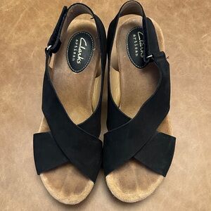 Clarks Black Suede Crisscross Slingback Wedge Sandals Size 7.5